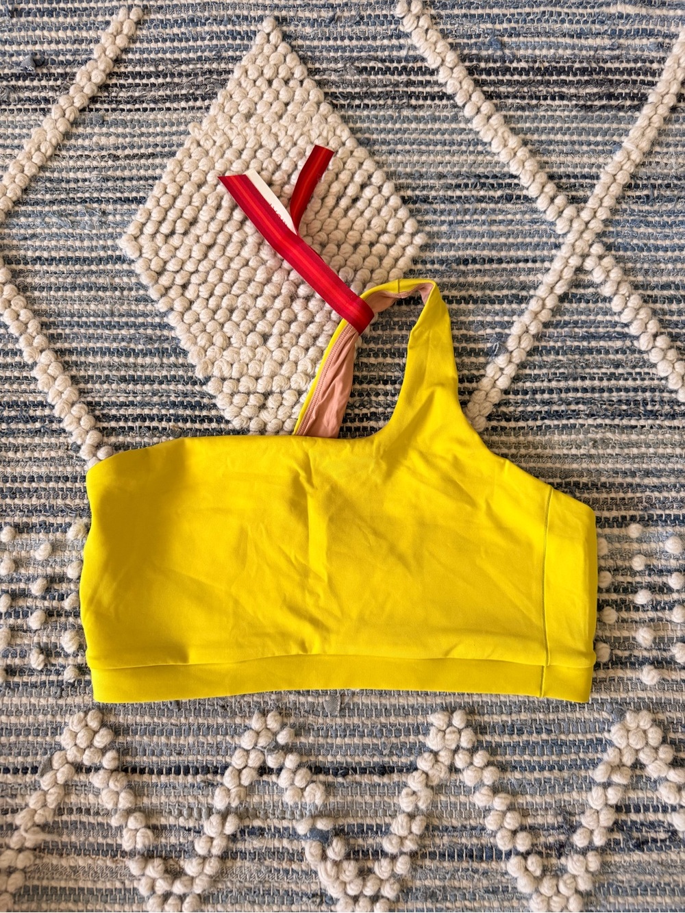 Yellow Asymmetric Sports Bra with Pink and Red Straps